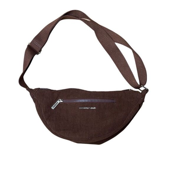 Sincerely Jules Corduroy Half Moon Sling Crossbody Bag W/ Earbuds Pouch Brown OS - Picture 5 of 5
